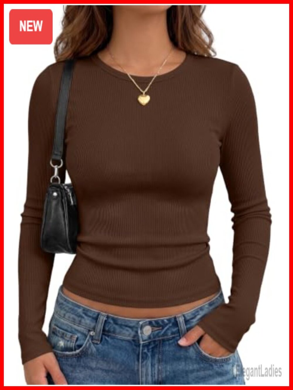 Womens Ribbed Long Sleeve Crew Neck Fitted T-Shirt for Work & Casual